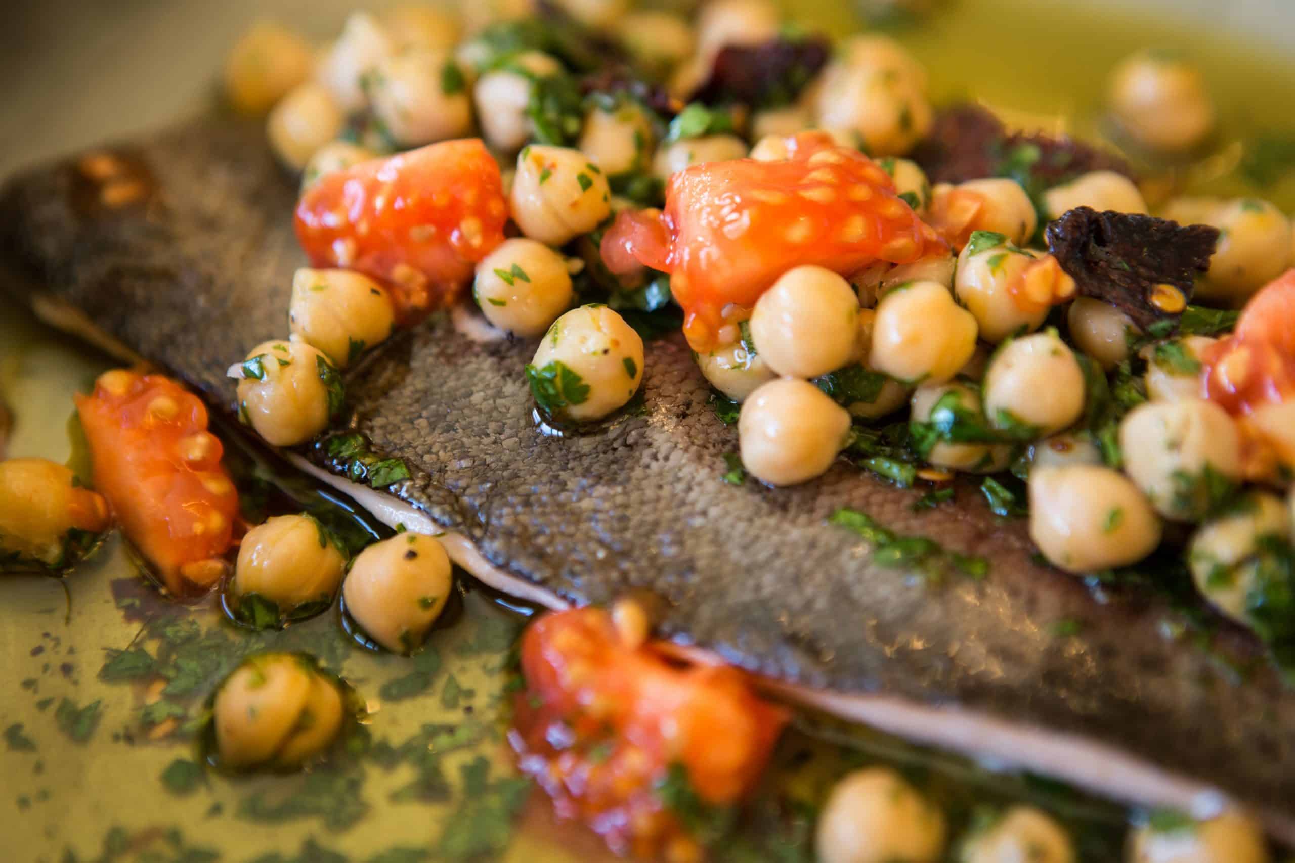 Rainbow trout with herbs and organic garbanzo beans